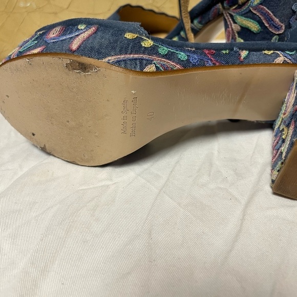 Anthropologie Platform Sandal Heel Womens 9 Ankle Strap Suede Floral Boho Blue - Picture 10 of 11